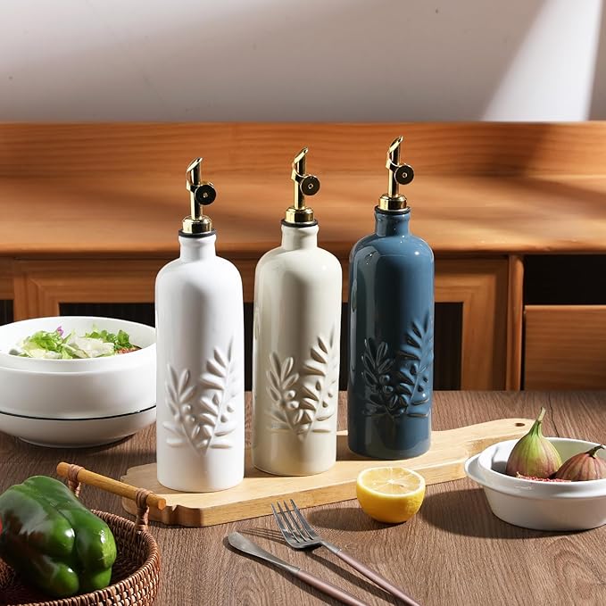 Sweejar 18 Oz Oil Dispenser for Kitchen with Gravity Spout, Ceramic Olive Oil Dispenser Bottle, Relief Opaque Vinegar Container for Evoo, Vinegar, Soy Sauce, Pack of 1(Beige, Gold Spout)