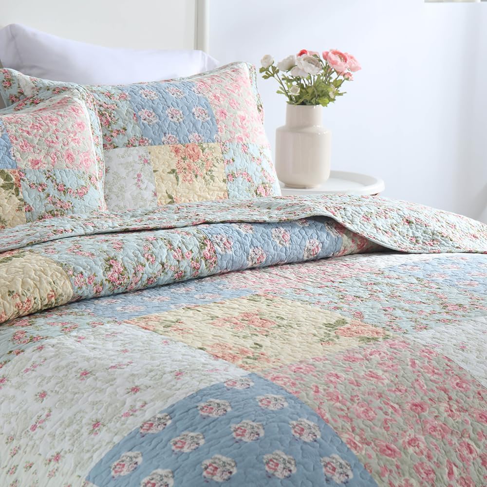 Cotton Bedspread Quilt Bedding Sets 3 Pieces Reversible Coverlet Sets Comforters Green Rose Floral Patchwork Bedspread, Queen Size