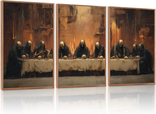 KAIRNE Framed Skeleton Canvas Wall Art,Abstract Retro Skull Pictures Set of 3(16”X24”),Scary Halloween Prints,Horror Wall Art,Skeleton Last Supper Posters for Living Room Bedroom Ding Room Decoration