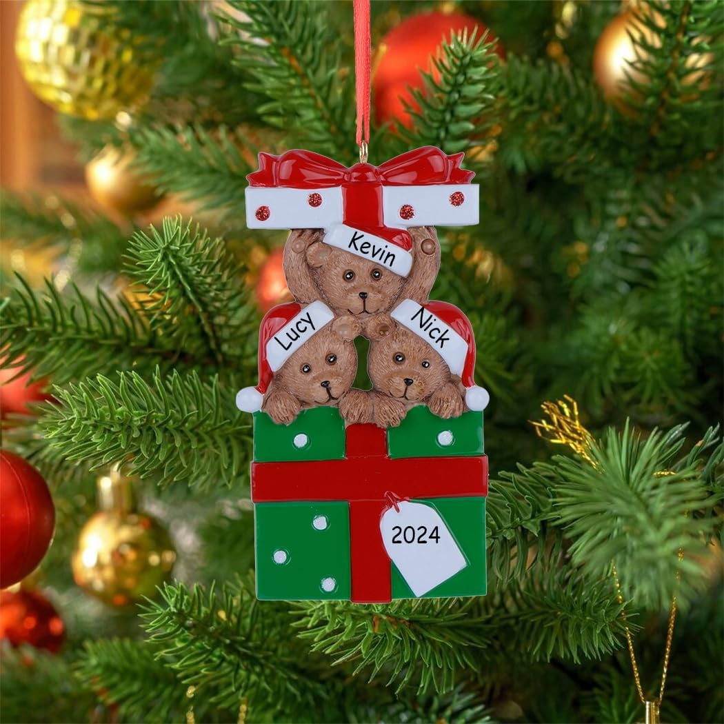 Personalized Bear Family Christmas Ornament 2024, Family of 3 Bear with Gift Box Ornaments for Christmas Tree, Personalized Bear Christmas Ornament, Unique Handmade Teddy Bear Christmas Ornament
