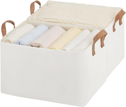 StorageWorks Storage Bins, Fabric Storage Bins for Shelves, Large Storage Baskets with Metal Frame, Closet Baskets and Bins with Handles, Beige, 2-Pack