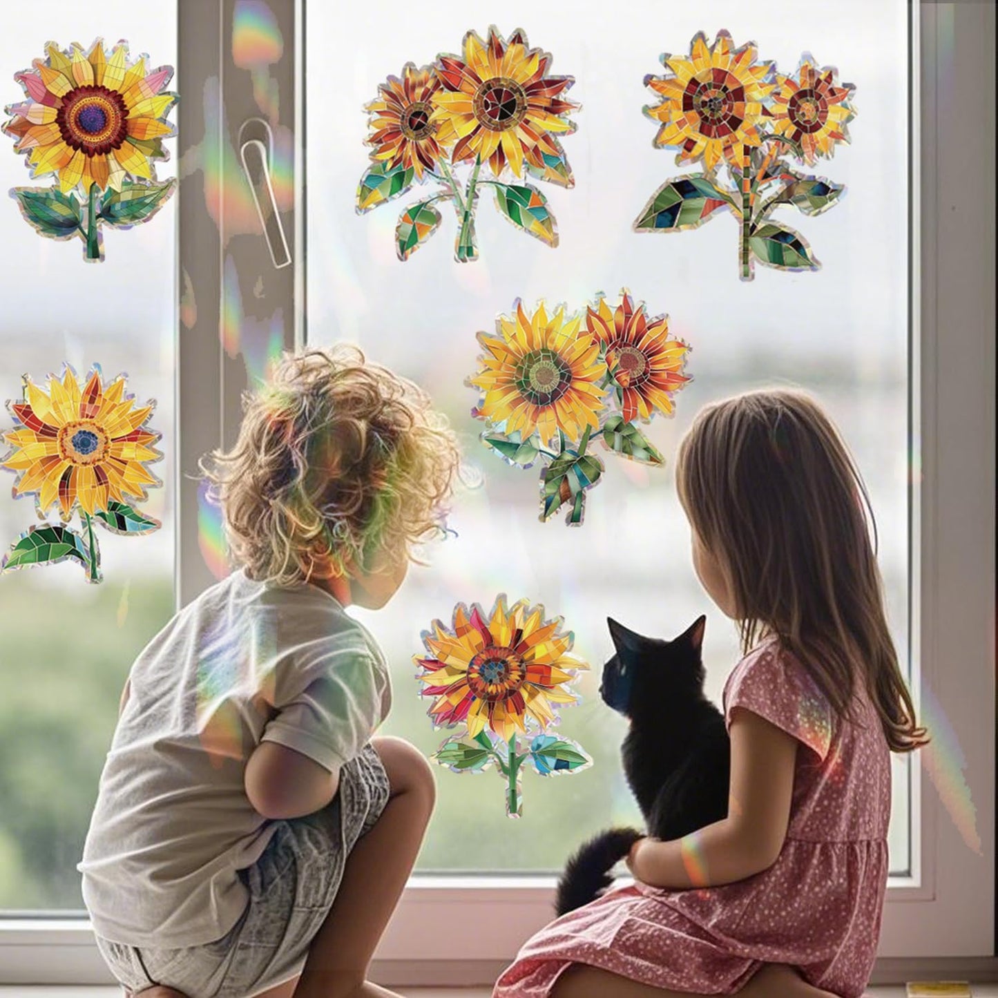 12pcs Window Decals for Bird Strikes, Anti Collision Window Clings, Rainbow Reflection Window Sticker, Sunflower Style Sun Catcher Stickers for Glass Windows