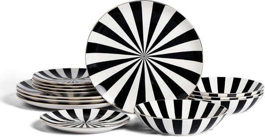 Christian Siriano Empire Porcelain Dinnerware, 12-Piece Plates and Bowls Set, Black and White Dish Set for 4, Gold Trim, Hand Wash Only