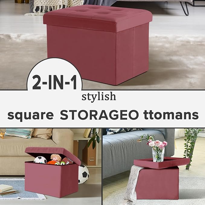 LINMAGCO Storage Ottoman Folding Foot Stool Velvet Footrest with Padded Modern Ottoman with Storage for Living Room Puppy Step Stool 17x13x13in(Jelly Pink)