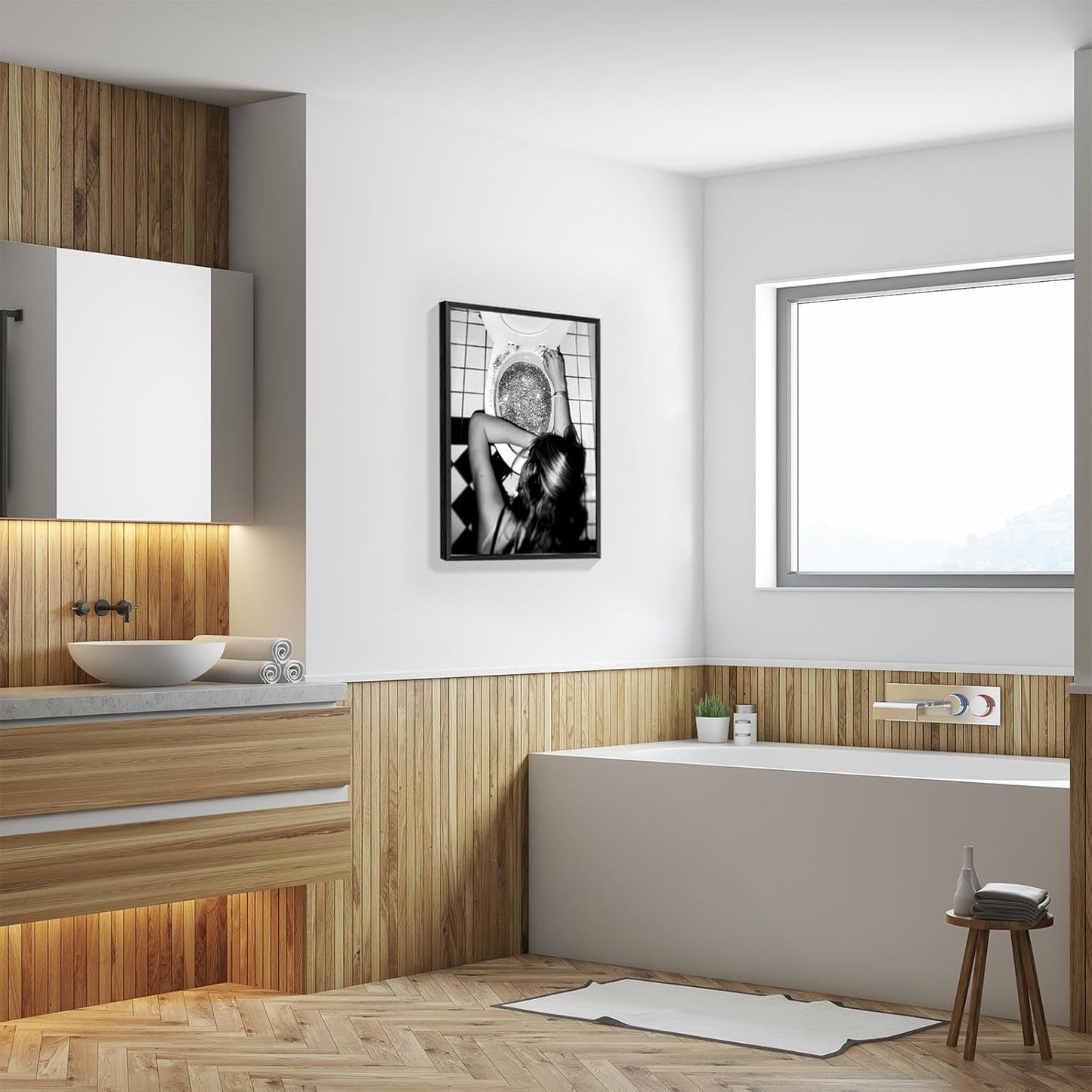 Funny Bathroom Wall Art Black and White posters Bar Disco Party prints painting Girls Bathroom Canvas wall art Funky aesthetics Teen Girl Bedroom wall decor for 16x24in Framed