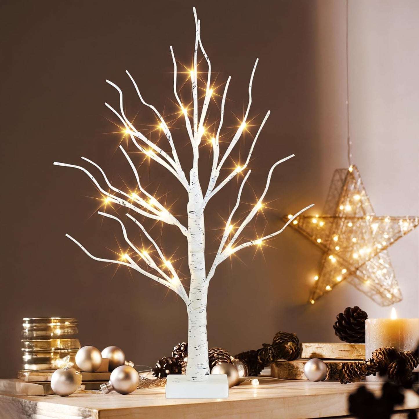 PEIDUO Artificial Tree for Easter Decorations, 2 FT Birch Tree with LED Lights, Warm White Fairy Lights Spirit Tree Lamp for Home Indoor Tabletop Christmas Decor Centerpiece, Battery Powered, Timer