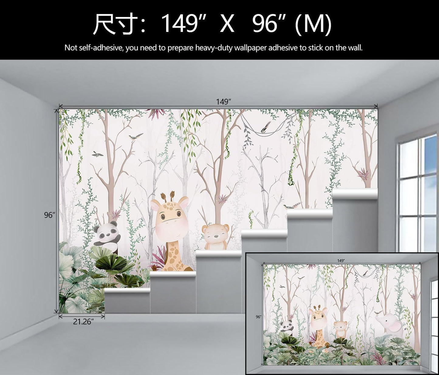 WFBHUA-Kids Tree Wallpaper Cute Animals Plants Bird Wall Decor Mural for Nursery Boys Girls Bedroom Room (Not Peel and Stick)