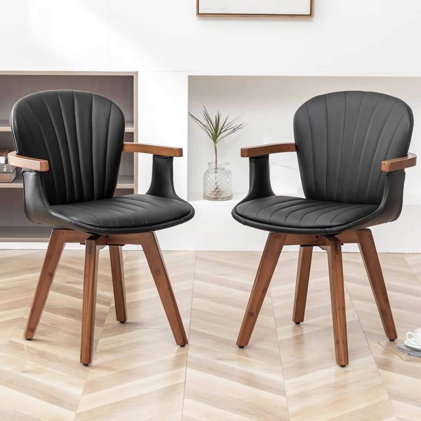 LUNLING Swivel Dining Chairs Set of 4, Mid Century Modern Black Faux Leather Kitchen Chairs with Arms,Bamboo Legs Side Chairs No Wheels,Accent Chair for Dining Rooms and Offices