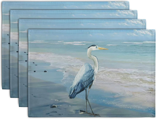 Blue Heron Placemats Set of 4 Summer Coastal Beach Pelican Placement Mats for Dining Table Nautical Ocean Bird Pattern Washable Non-Slip Heat-Resistant Linen Place Mats