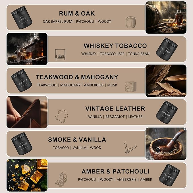 Scented Candles Set | Gifts for Men - 6Pack Candle Set - Masculine Candle, Soy Candles for Home Scented, Aromatherapy Gift - Fragrance of Smoke Vanilla/Leather/Mahogany/Tobacco/Oak/Amber Patchouli