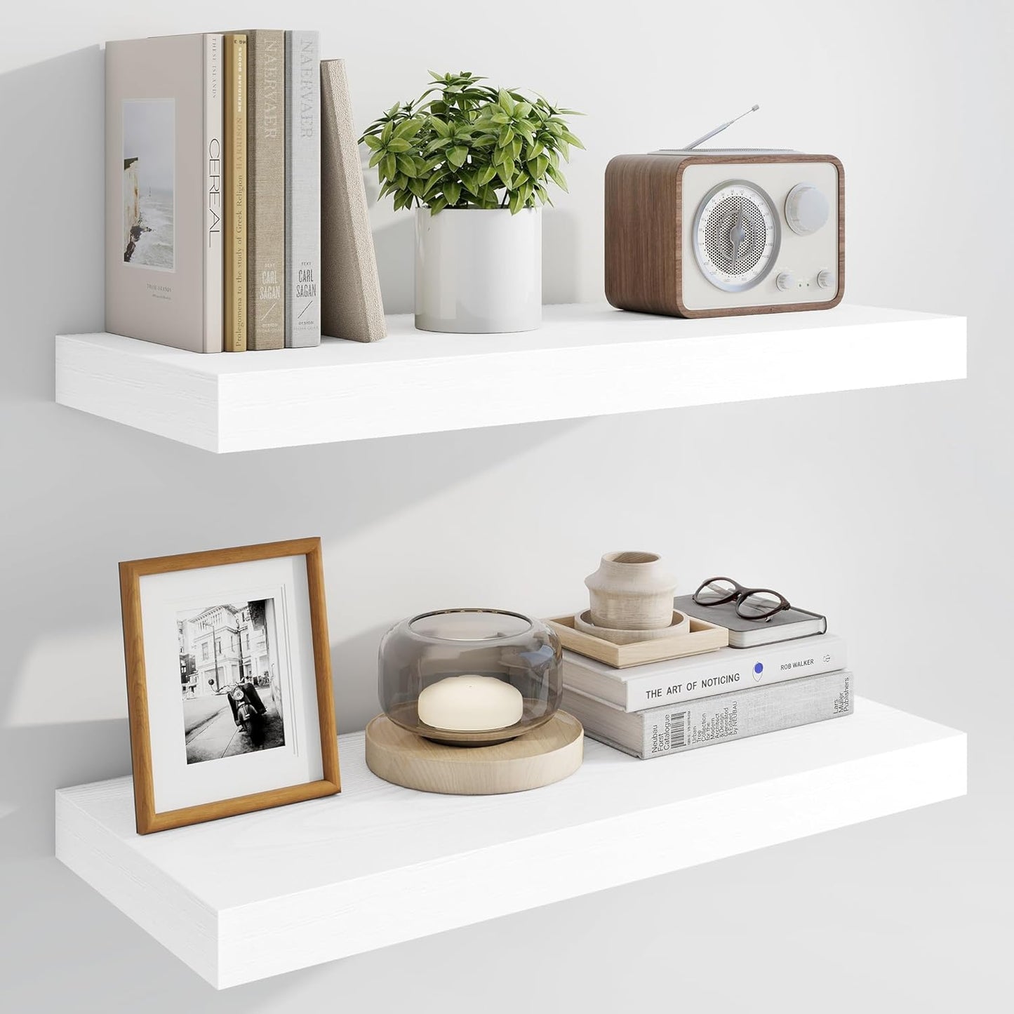 Marsmiles 24" Floating Shelves for Wall, Wooden Shelves with Invisible Brackets Set of 2, Rustic Farmhouse Wall Mounted Shelf for Kitchen Bathroom Living Room Study, White