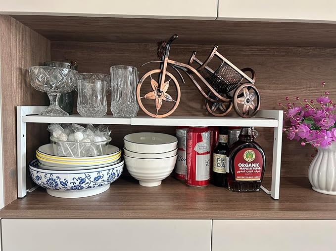 Expandable Cabinet Shelf Organizer 16-26" L Stackable Kitchen Counter Shelf Rack Stand Sink Riser Countertop Storage White (Normal 7.9”D)