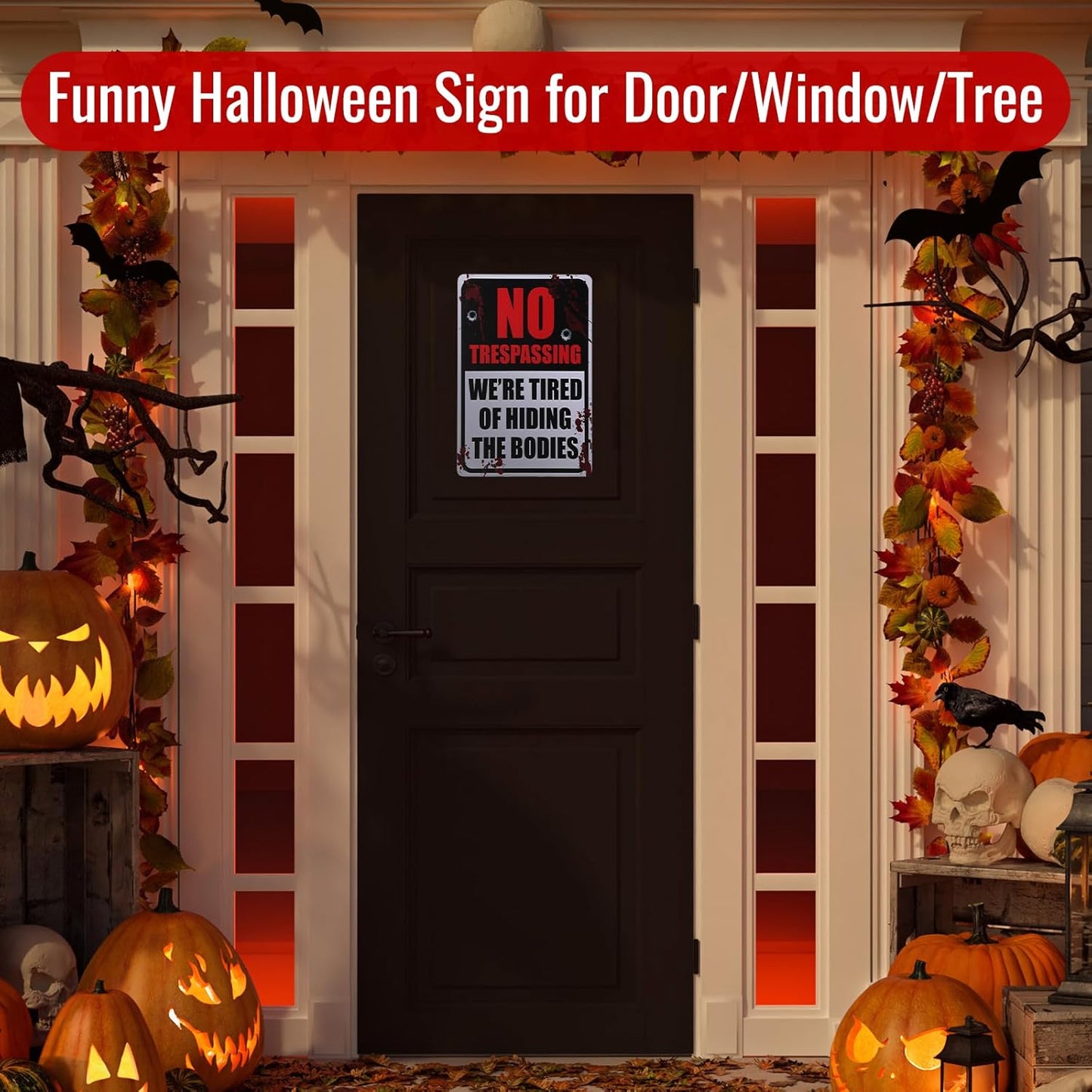 Alotpower Halloween Decorations Metal Tin Sign for Outdoor Yard, Garage Wall, Rustic Vintage No Trespassing We're Tired of Hiding The Bodies, 7.8x11.8in