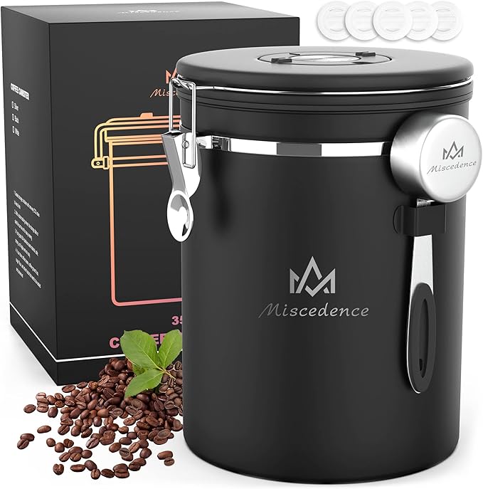 35OZ Coffee Canister for ground coffee with Date Tracker,One Way Co2 Valve 304 Stainless Steel Kitchen Food Airtight storage container for Coffee Beans or Grounds, Sugar Black