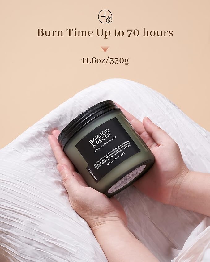 M&SENSE Bamboo Peony Scented Candle, 11.6oz Aromatherapy Jar Candle, 70 Hour Burn Time, Natural Soy Wax Blend, Stress Relief, Home Fragrance