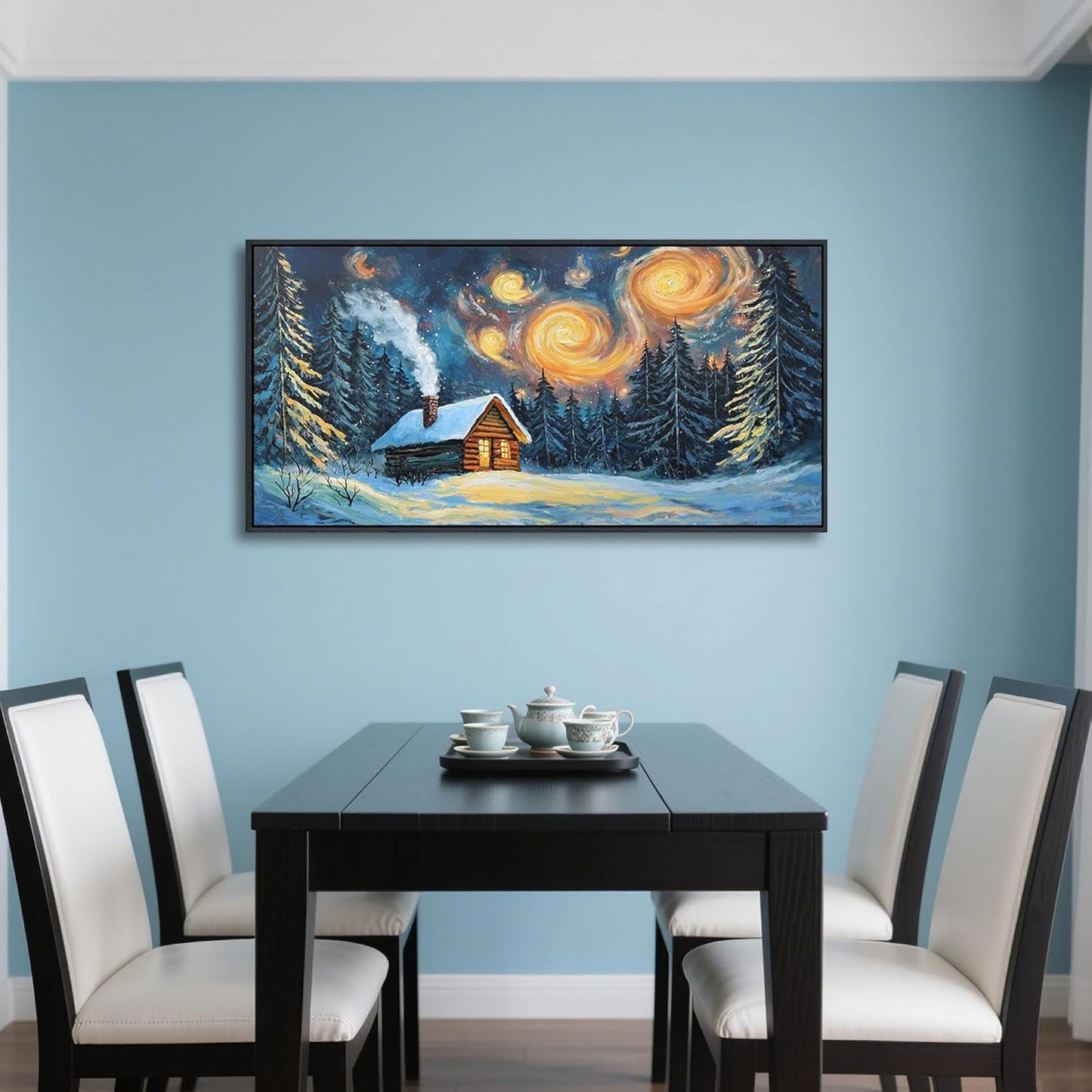 QZQCBLC Green Forest Wall Art, Farmhouse Hut Snow Scene Pictures Abstract Landscape Canvas Rustic Painting Artwork for Living room Bathroom Bedroom kitchen Home Office Decor 20x40 IN