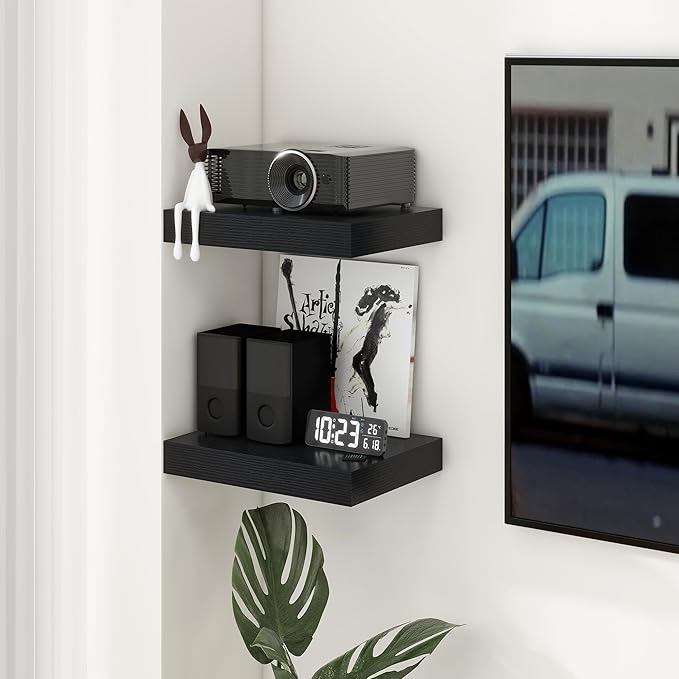 Black Deep Floating Shelves for Wall | 16 Inch Wide x 12 Inch Deep Floating Shelves Set of 2 | Rustic Wood Wide Wall Shelves | Bookshelf Laundry Shelf TV Shelf