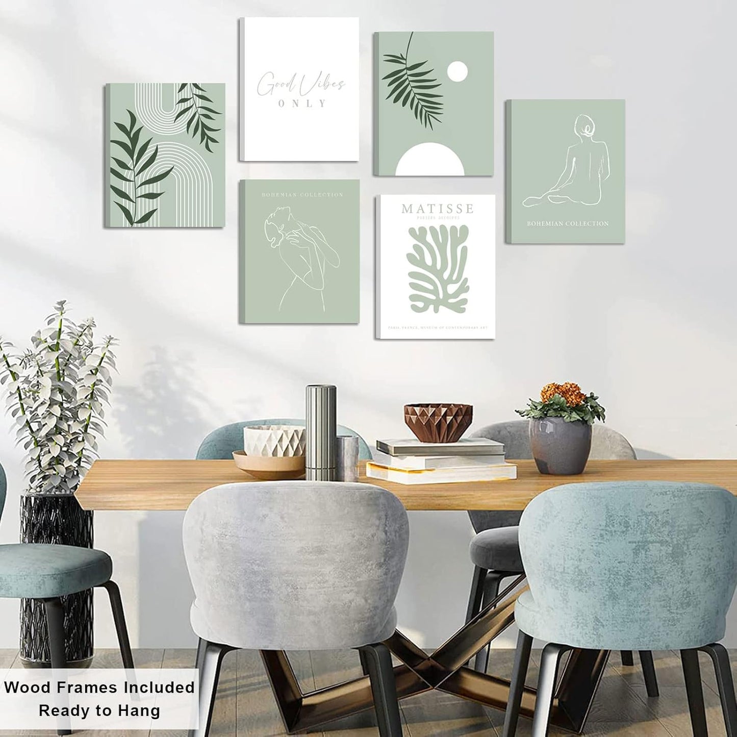 KIOSSUT FRAMED Sage Green Matisse Wall Art, Aesthetic Pictures for Wall, Women Body Line Art Leaf Boho Art Prints, 8x10 Inch, Framed)