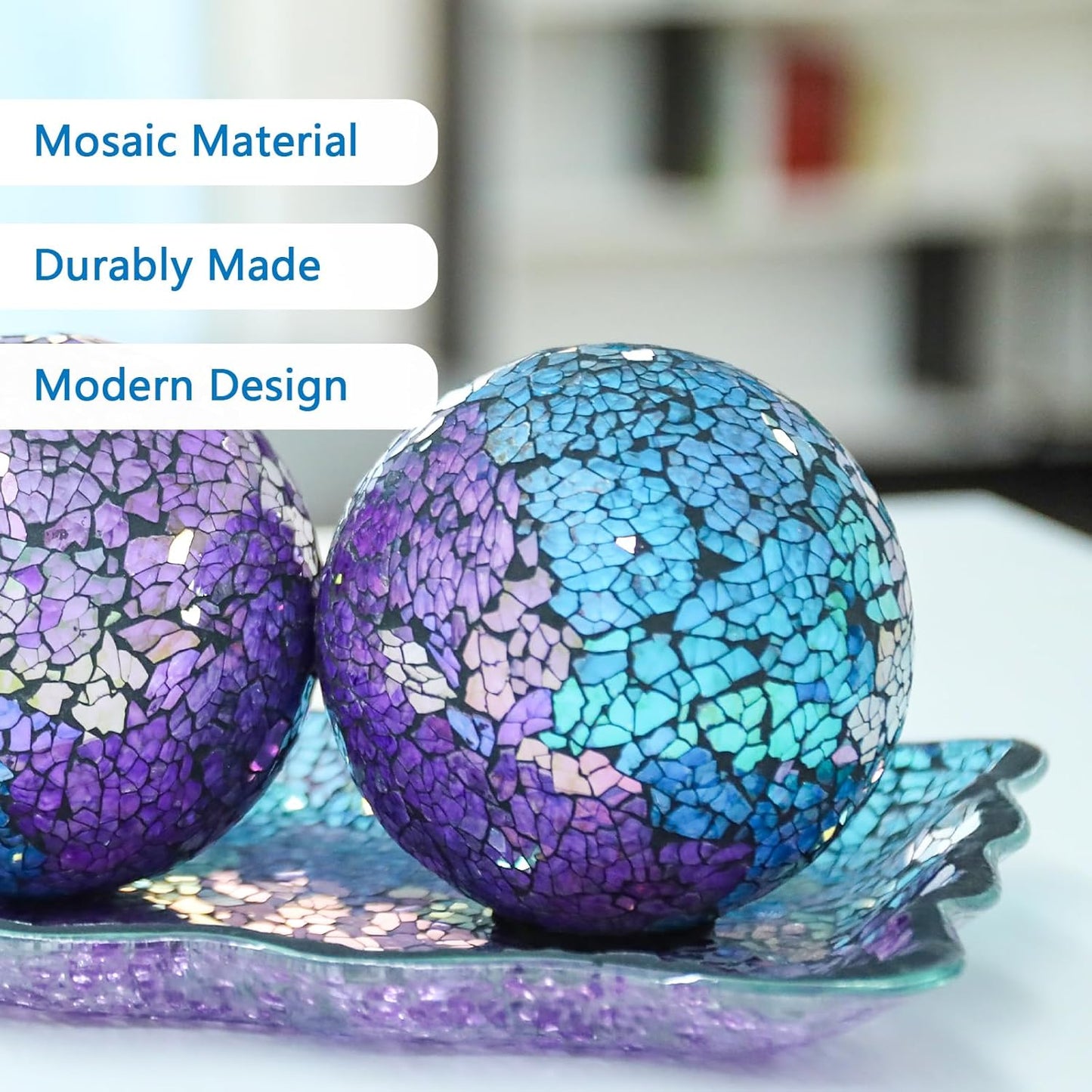 VCUTEKA Decorative Balls and Glass Bowl, 4 Inch Mosaic Sphere Balls Centerpiece Balls for Coffee Table, Home Decor, Wedding Party Decor, Purple