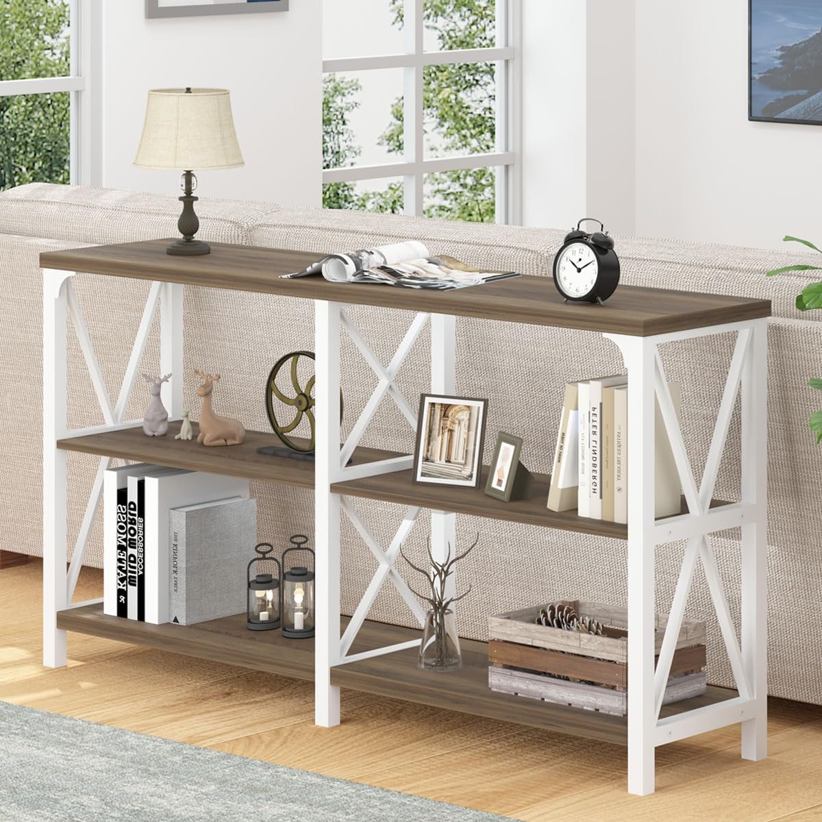 LVB Farmhouse Entryway Table, Industrial Wood Sofa Table with Storage Shelf, Modern Console Tables Behind Couch for Living Room, Wooden Hallway Foyer Table for Front Entry, White Rustic Oak, 55 Inch