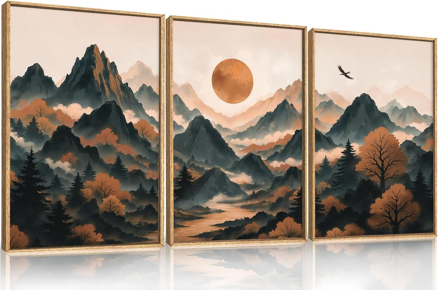 Large Boho Mountain Framed Canvas Wall Art Set, Brown Ridge Landscape Wall Decor, Pine Tree Scenery Wall Painting, Abstract Wilderness Art Print for Living Room, Bedroom, Office - 16"X24"X3