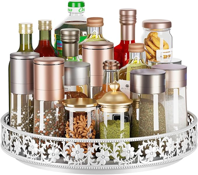 Lazy Susan Turntable Organizer, 13 inch Large Rotating Spice Rack Lazy Susan for Dining Table Top Cabinet Countertop Pantry Kitchen Cupboard Bathroom White