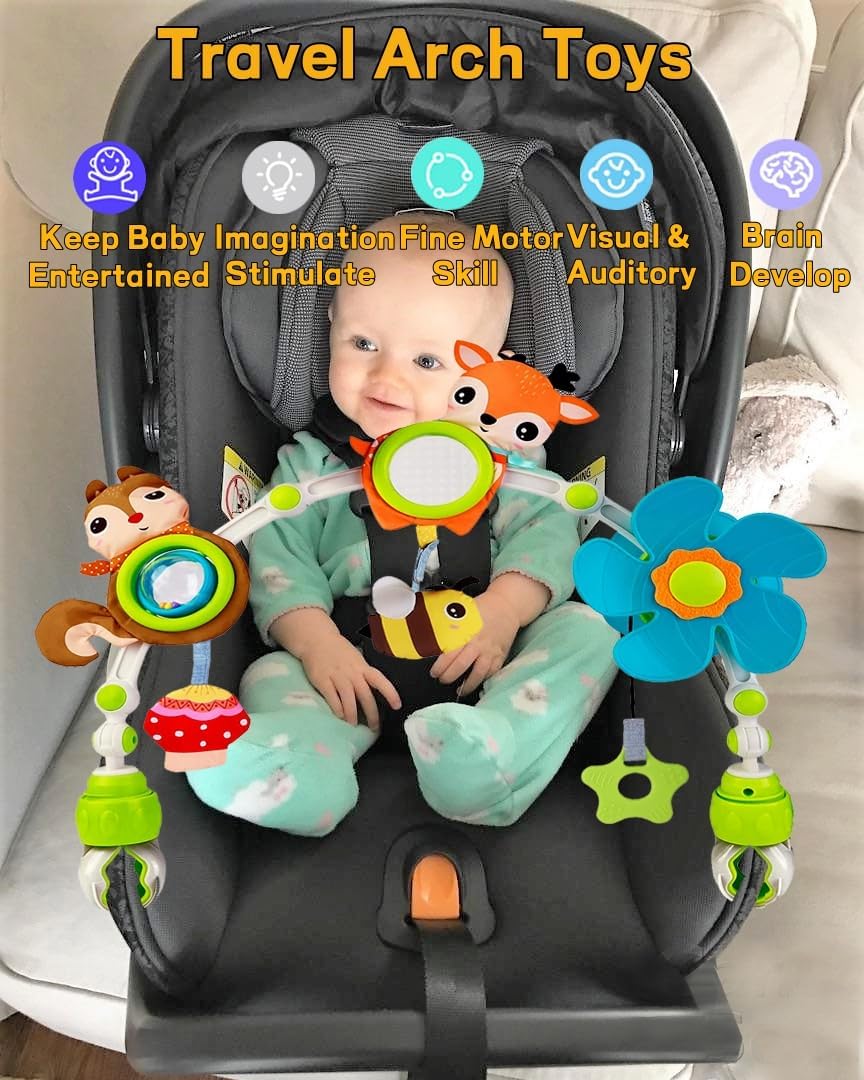 Baby Stroller Arch Mobile, Adjustable Musical Cirb Mobile Toys with Universal Clamps, Versatile Activity Toy Bar for Baby Bouncer Infant Car Seat Toy Stroller Toys Mobile for Bassinet Crib - Orange