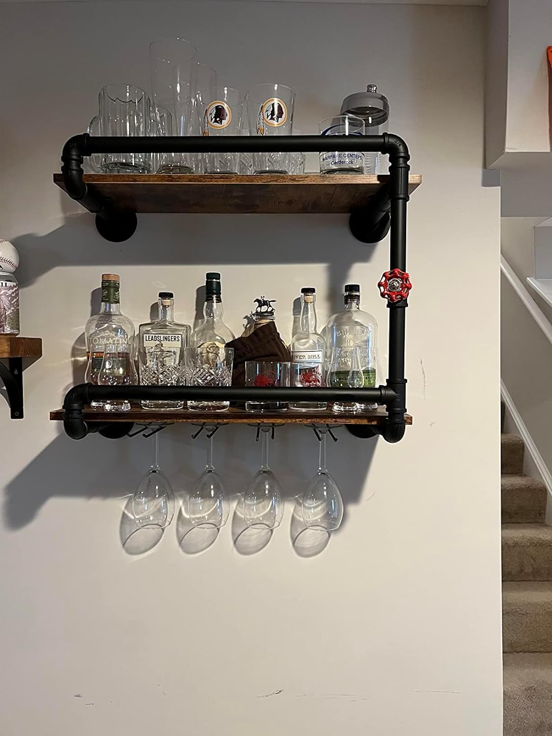 Wine Rack Wall Mounted 2 Tier, Hanging Floating Small Mini Bar Liquor Shelves with Glass Holder Storage Under, Industrial Rustic Pipe Farmhouse Kitchen Decor Black(23.6x10.6x19.7)