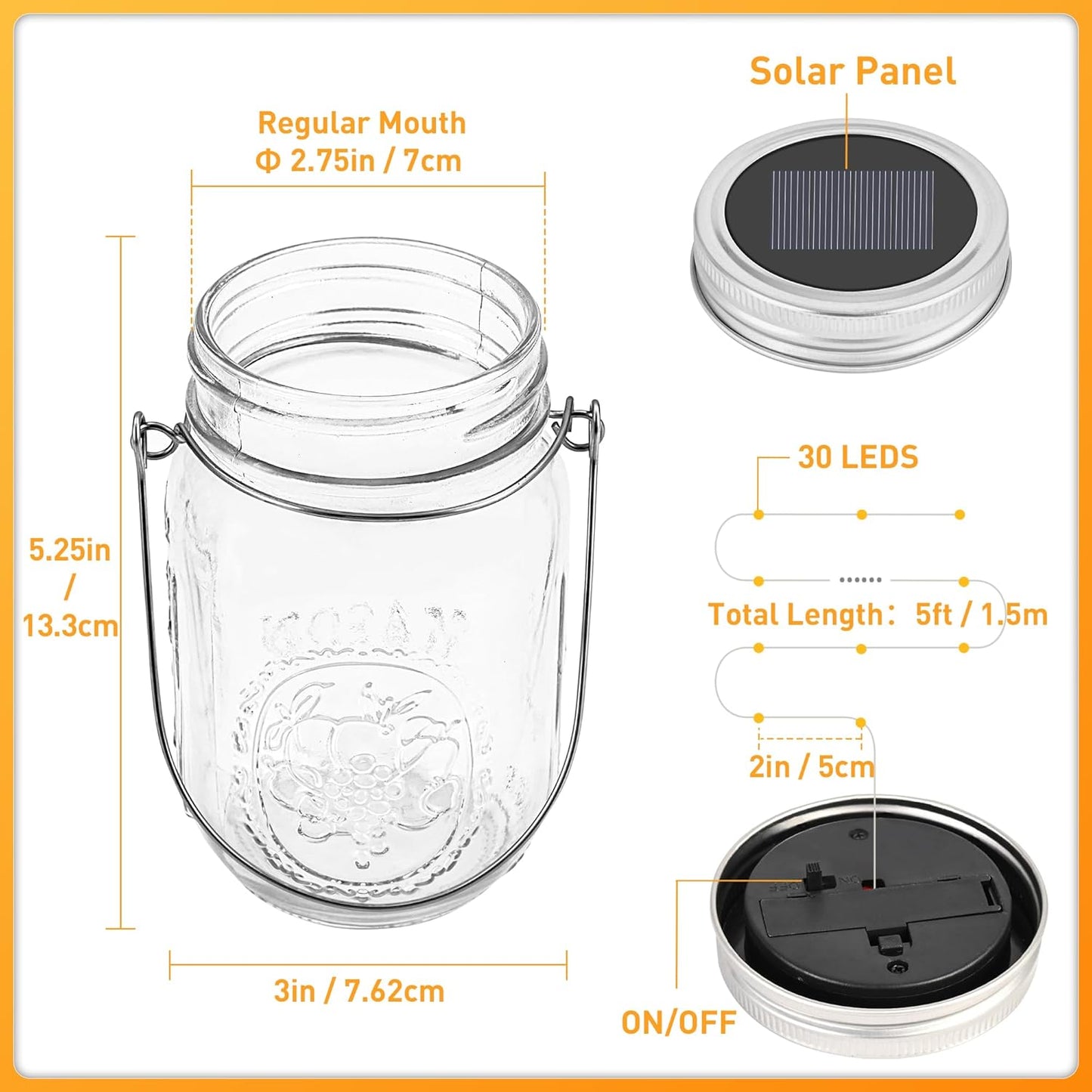 GIGALUMI Solar Mason Jar Lights, 12 Pack 30 Led String Fairy Lights Garden Lights Outdoor Waterproof Metal Lid Hanging Solar Lanterns for Outdoor, Garden, Patio, Lawn, Balcony Decoration