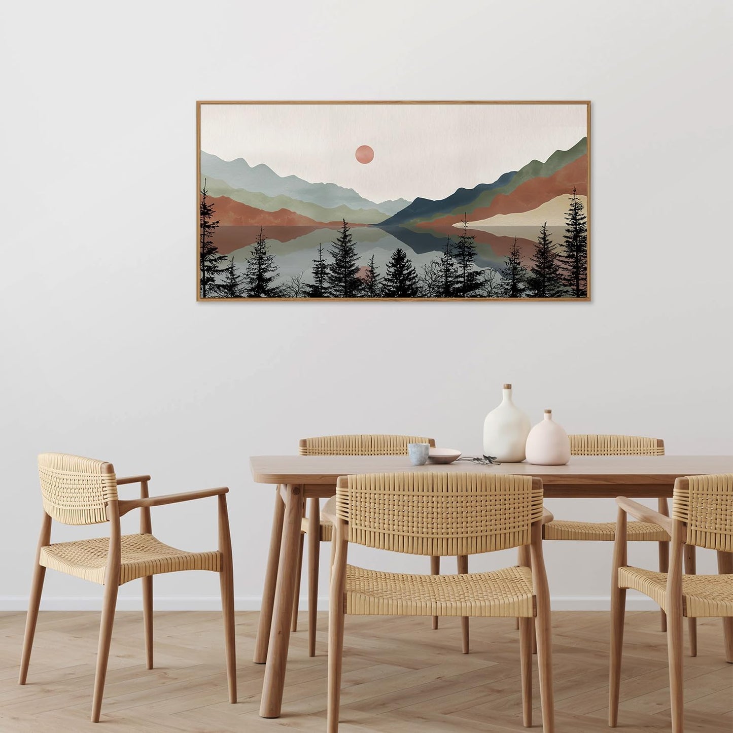 Tinonedraw Boho Mountain Framed Canvas Wall Art Set, Watercolor Nature Landscape Wall Decor, Neutral Modern Sunrise Artwork, Black Pine Trees Forest Art Prints for Living Room Bedroom Office 20"x40"