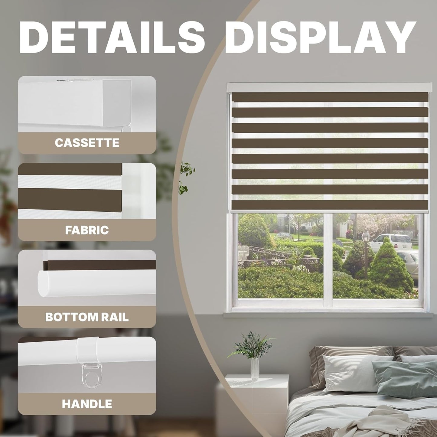 HESTIA Cordless Zebra Blinds Light Filtering Roller Shades UV Blocking Blackout Privacy Indoor Window Shades for Home Office Day and Night, Brown,30" W x 48" H