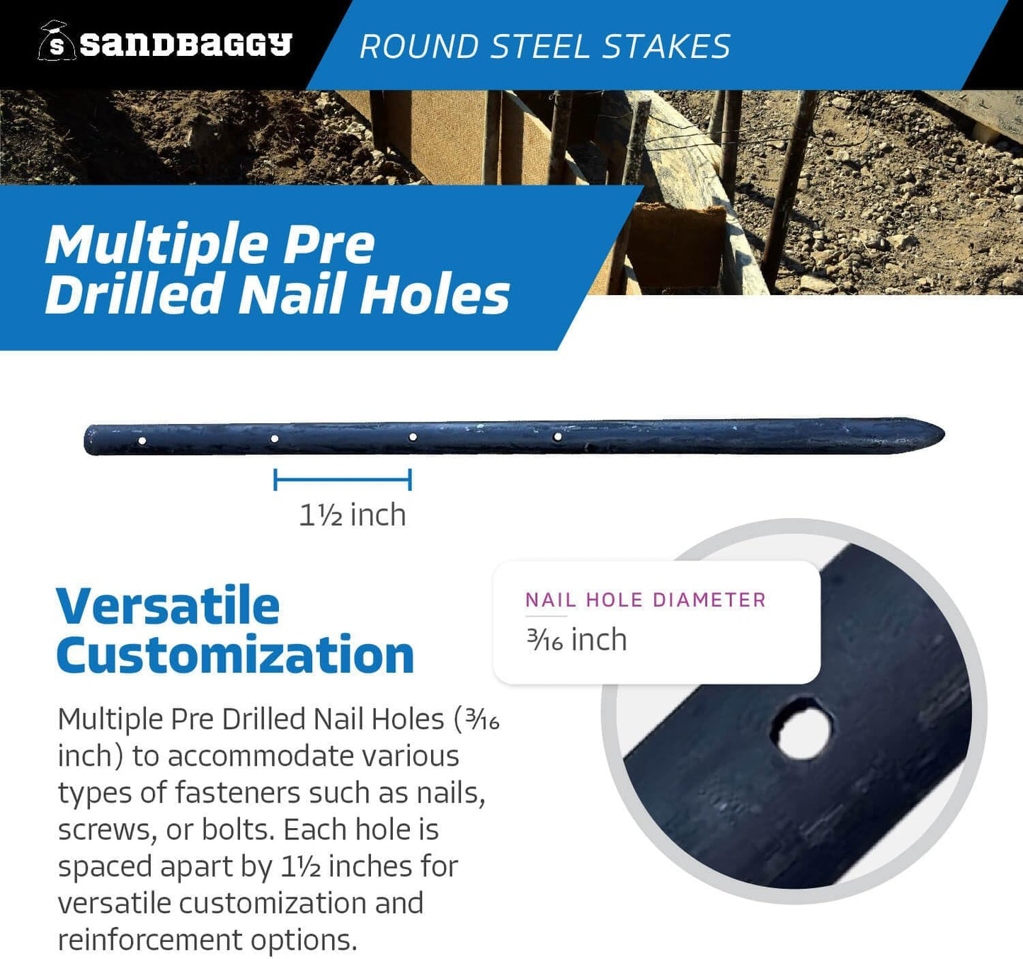 Sandbaggy Round Steel Concrete Form Stakes with Nail Holes - Rust Resistant Coating - Removable, Reusable (200, 3/4 in X 18 in)