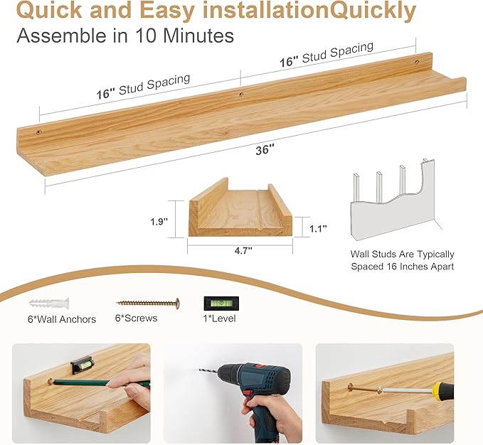 Floating Picture Ledge Shelves 36 Inch Solid Oak Wood Set of 2, Rustic Wall Storage Shelves with Lip, Kids Bookshelf, Photo & Picture Ledge Shelves for Bedroom, Living Room, Kitchen
