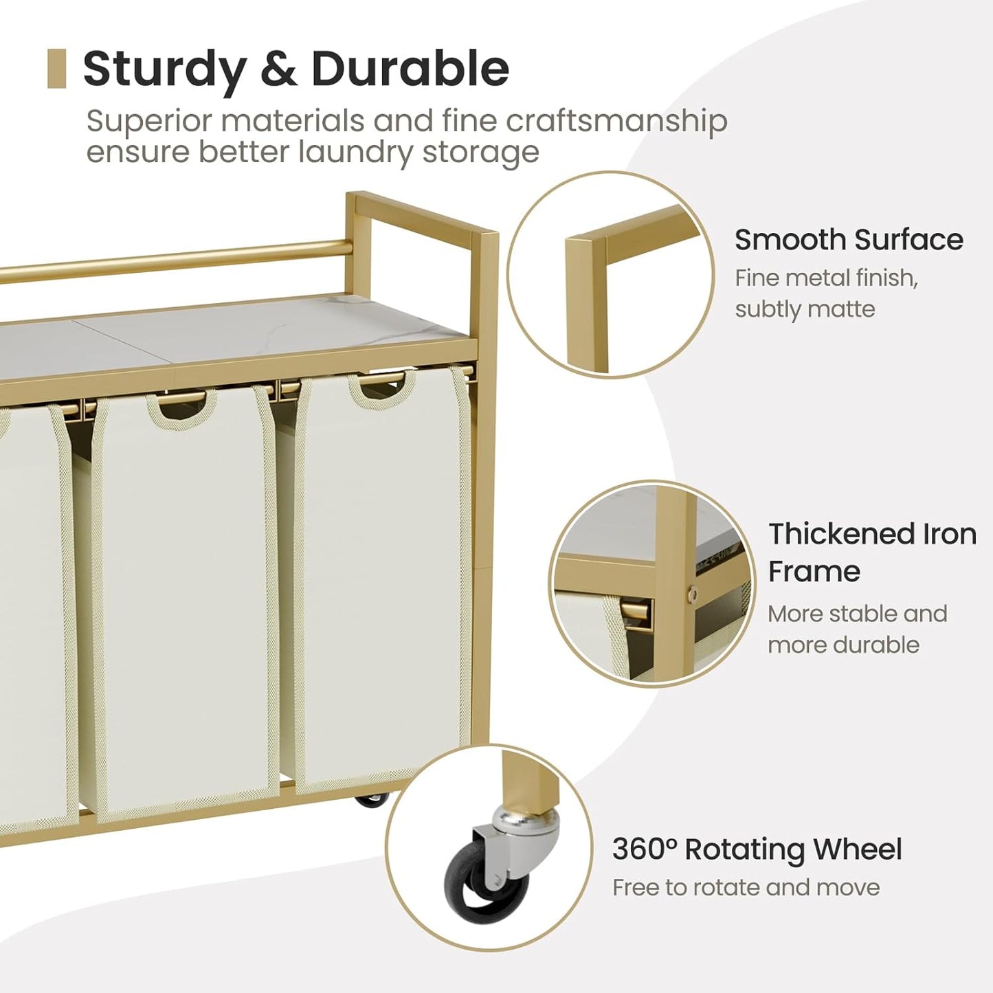 Laundry Hamper, Laundry Basket, Laundry Sorter with 3 Removable Bags, Clothes Basket with 3 Compartments, Wheels, Shelf for Laundry Room Bathroom Bedroom (3 Bags-Golden)