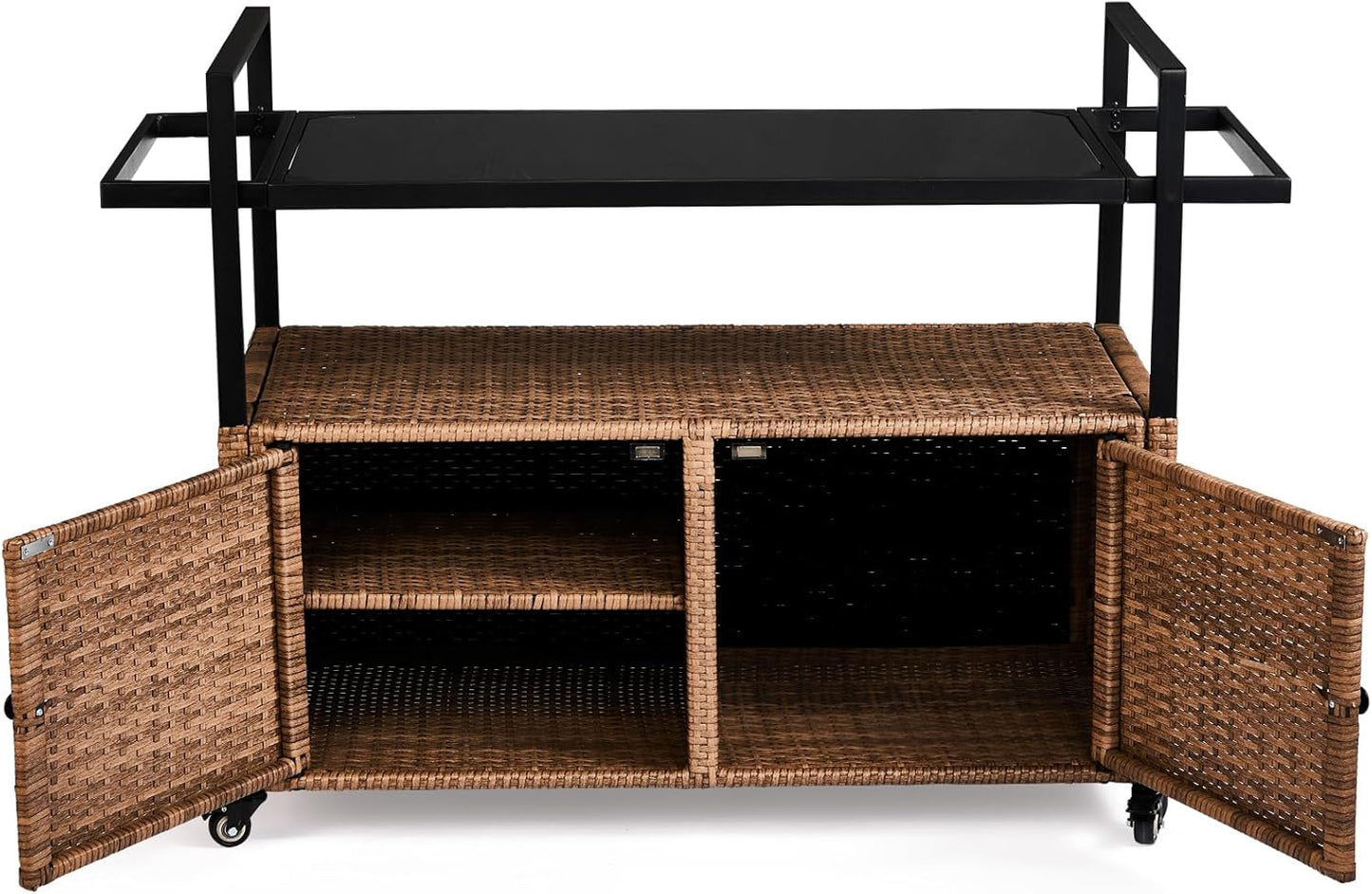 VINGLI Wicker Outdoor Bar Cart with Storage and Wheels, Outdoor Bar Table Serving Cart Rattan Bar Cart with Glass Top and Shelf for Pool, Party, Backyard, Porch (Brown)