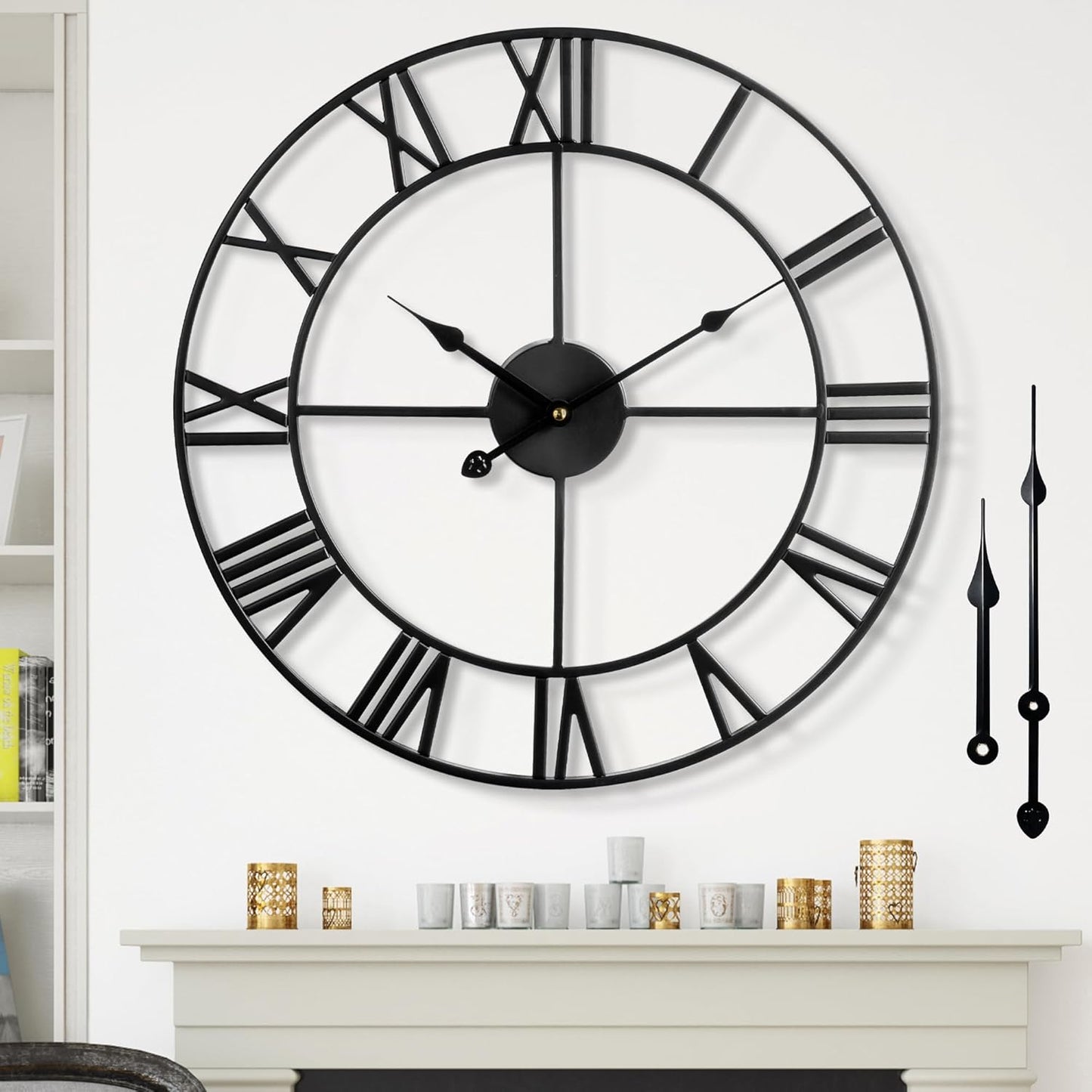 Silent Non-Ticking Decorative Large 24 Inch Metal Vintage Retro Roman Numerals Wall Clock, Battery Operated for Living Room, Bedroom, Kitchen, Office, Cafe Farmhouse Decor