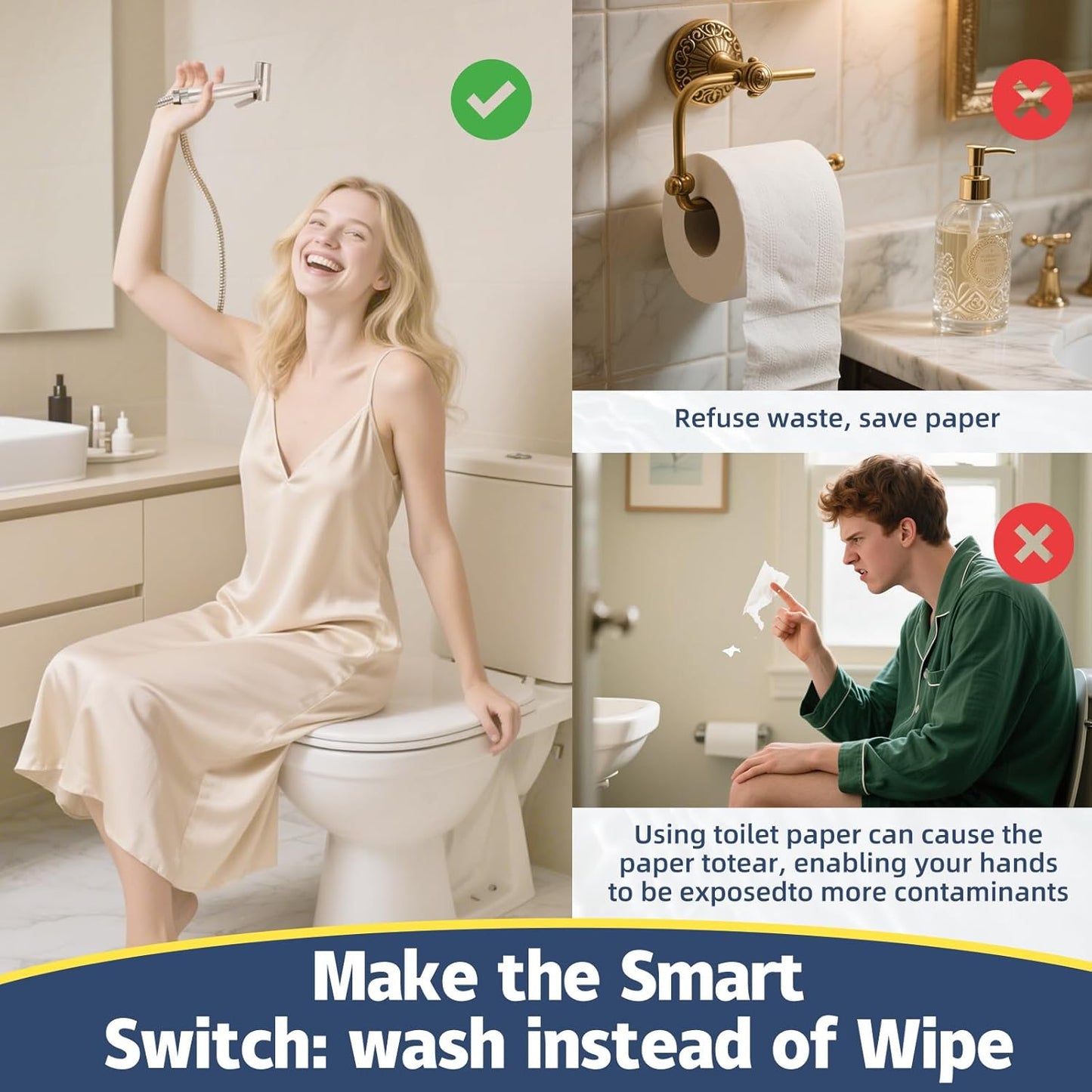 Handheld Bidet Sprayer for Toilet - Bidets for Existing Toilets Adjustable Water Pressure with Bidet Hose for Feminine Wash, Stainless Steel Muslim Shower Jet Spray for Toilet (Warm and Cold)