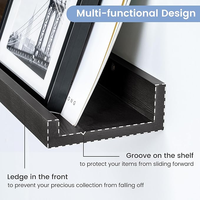 Picture Ledge Shelf for Wall, 36 inch Solid Pine Wood Nursery Book Shelves 2 Packs, Floating Ledge Shelves for Kids' Room Bedroom Bathroom Living Room Photo Frames Office Nursey Wall Decor, Black