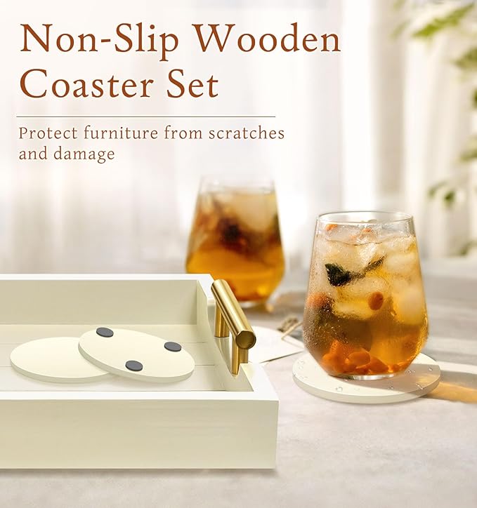 Coffee Table Tray - Large Ottoman Tray for Living Room - Wood Serving Trays with Handles(2 Sets) - Wooden Trays for Coffee Table, 4 Round Coasters Included, Off-White