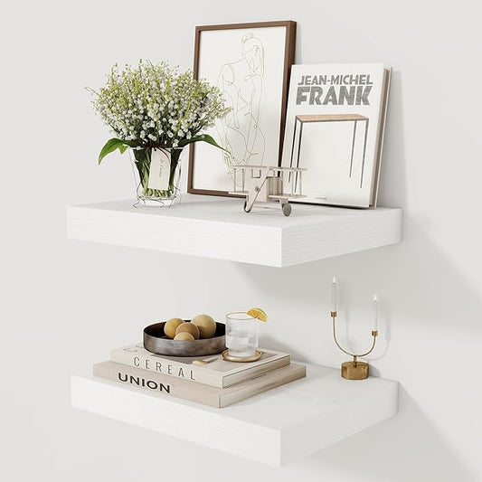 12 Inch Deep White Floating Shelves, 16 x 12 Floating Shelf for Books, Rustic Wood Deep Wall Shelves for Home Storage & Display, 2" Thicked Shelves for Kitchen, Living Room, Bedroom, 2 Pack