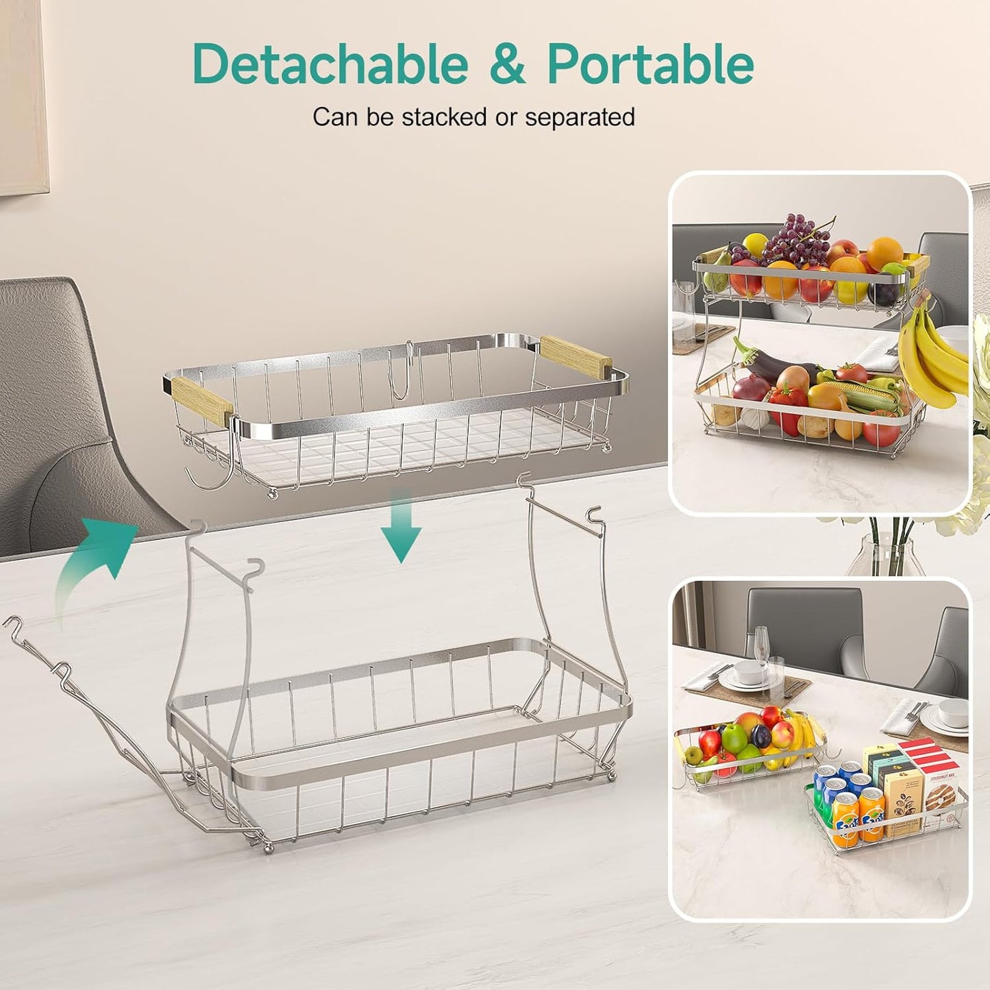 3 Tier Fruit Basket for Kitchen Counter with 2 Mobile Banana Hangers, 2025 Pro Detachable Metal Fruit Bowl with Wooden Handle, Fruit Holder for Bread Snack Veggies, Silvery