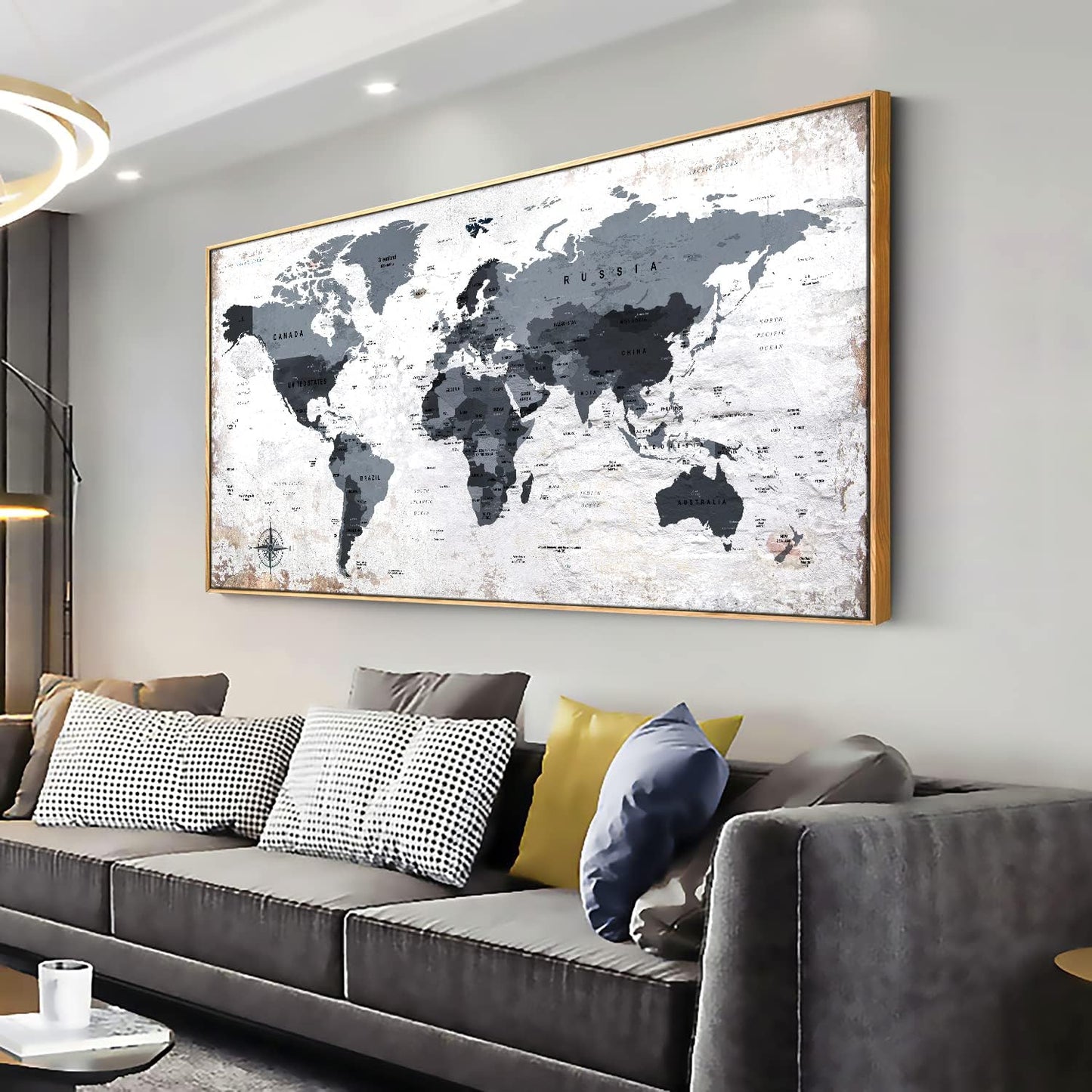 Framed wall art World Map Wall Art Canvas Picture 30inchx60inch Large Black and white Map of The World Canvas Painting Artwork Prints for Office Wall Decor Home Living Room Decorations Framed Ready to Hang