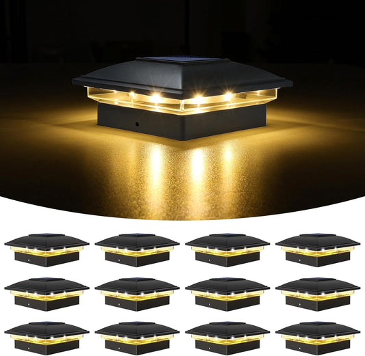 VOLISUN Solar Post Cap Light Outdoor Waterproof 12pack,Solar Fence - Post Lights for 4x4 5x5 6x6 Wooden/Vinyl Post,Black Deck Post Cap Light Solar Powered with Warm White for Garden/Patio/Porch