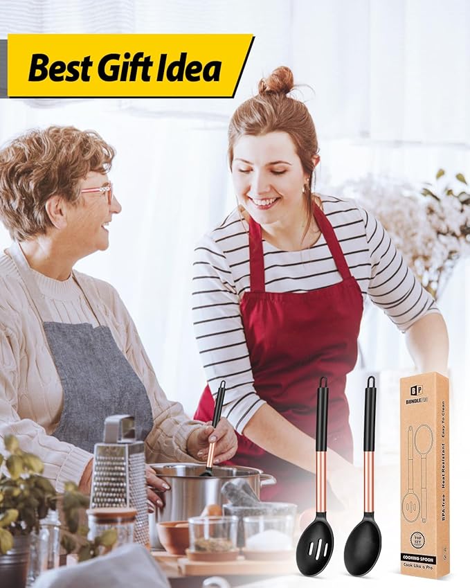 Pack of 2 Large Silicone Cooking Spoons,Non Stick Solid Basting Spoon,Heat-Resistant Kitchen Utensils for Mixing,Serving,Draining,Stirring (ROSE GOLD BLACK)