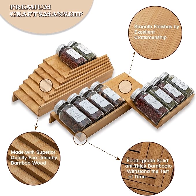 Bamboo Spice Rack Drawer Organizer - 8 Pieces Set- 11" Wide Per Piece - Combine Pieces Into 22" Wide Rack (11" or 22")