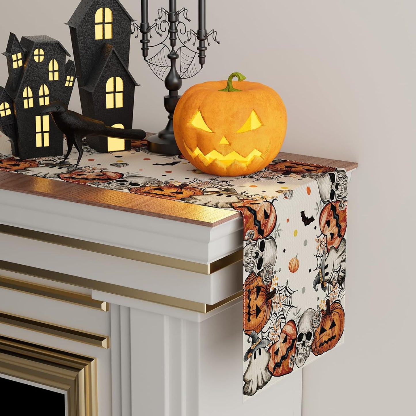 XCHI Spooky Skeleton Ghost Pumpkin Halloween Table Runner Party Table Decoration for Home Kitchen Dining Holiday Decor 13x90 Inch
