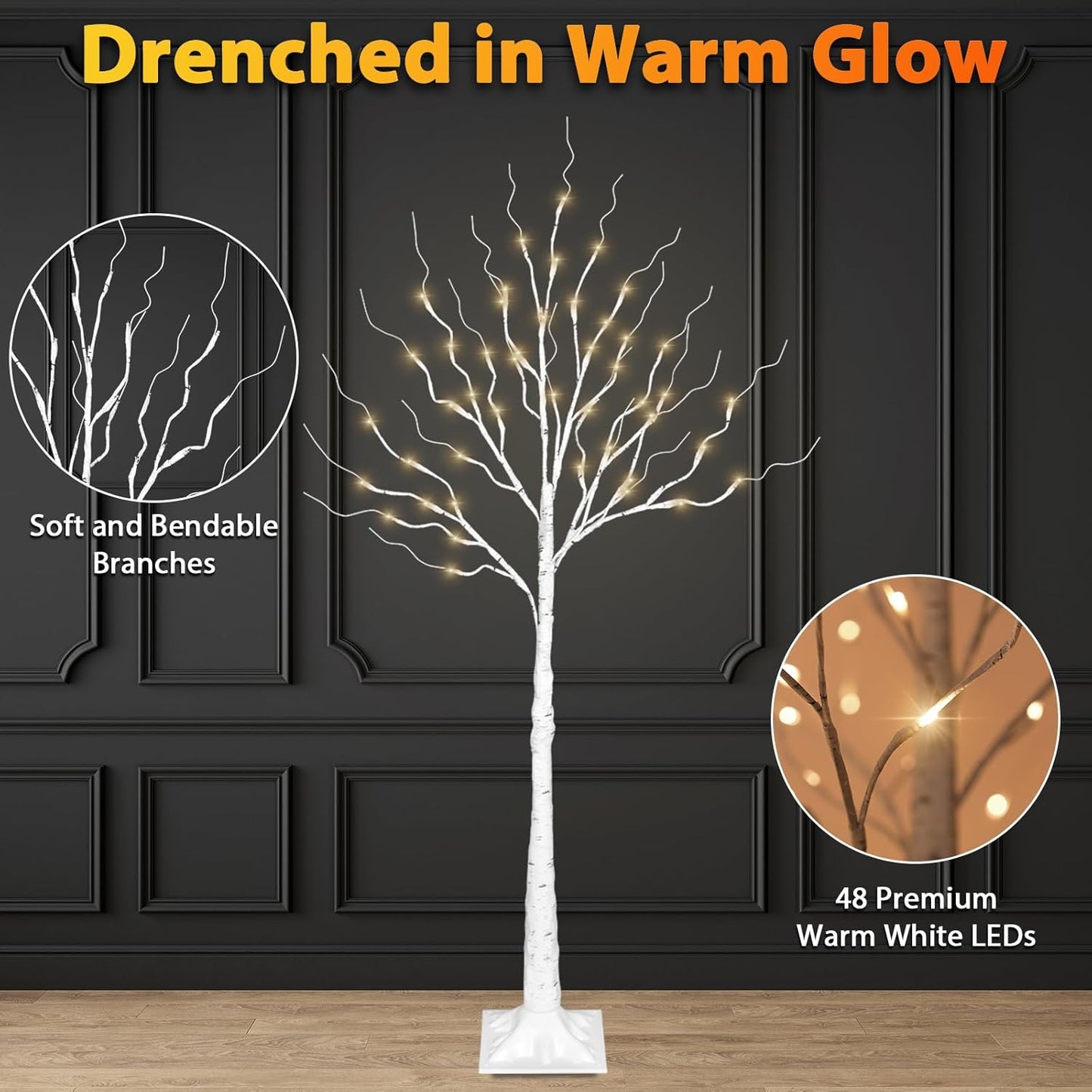 LED Birch Tree Lights, 4ft Trees with Warm White Lights, Outdoor Indoor Christmas Wedding Party Decor