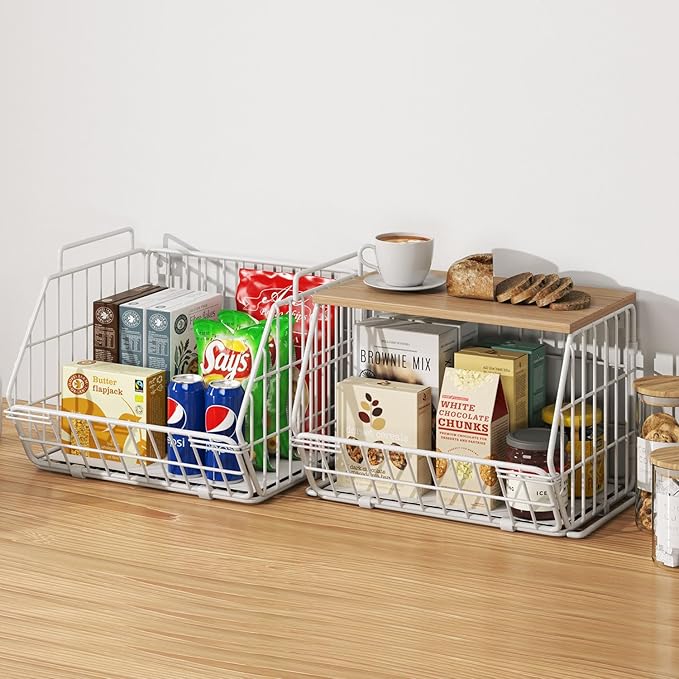 Wetheny 2 Tier Stackable Wall Mounted Wire Basket Fruit Basket with Wood Lid - Kitchen Pantry Organization and Storage, Hanging Storage Basket for fruits, Onion, Potato, Produce, Vegetable (White)