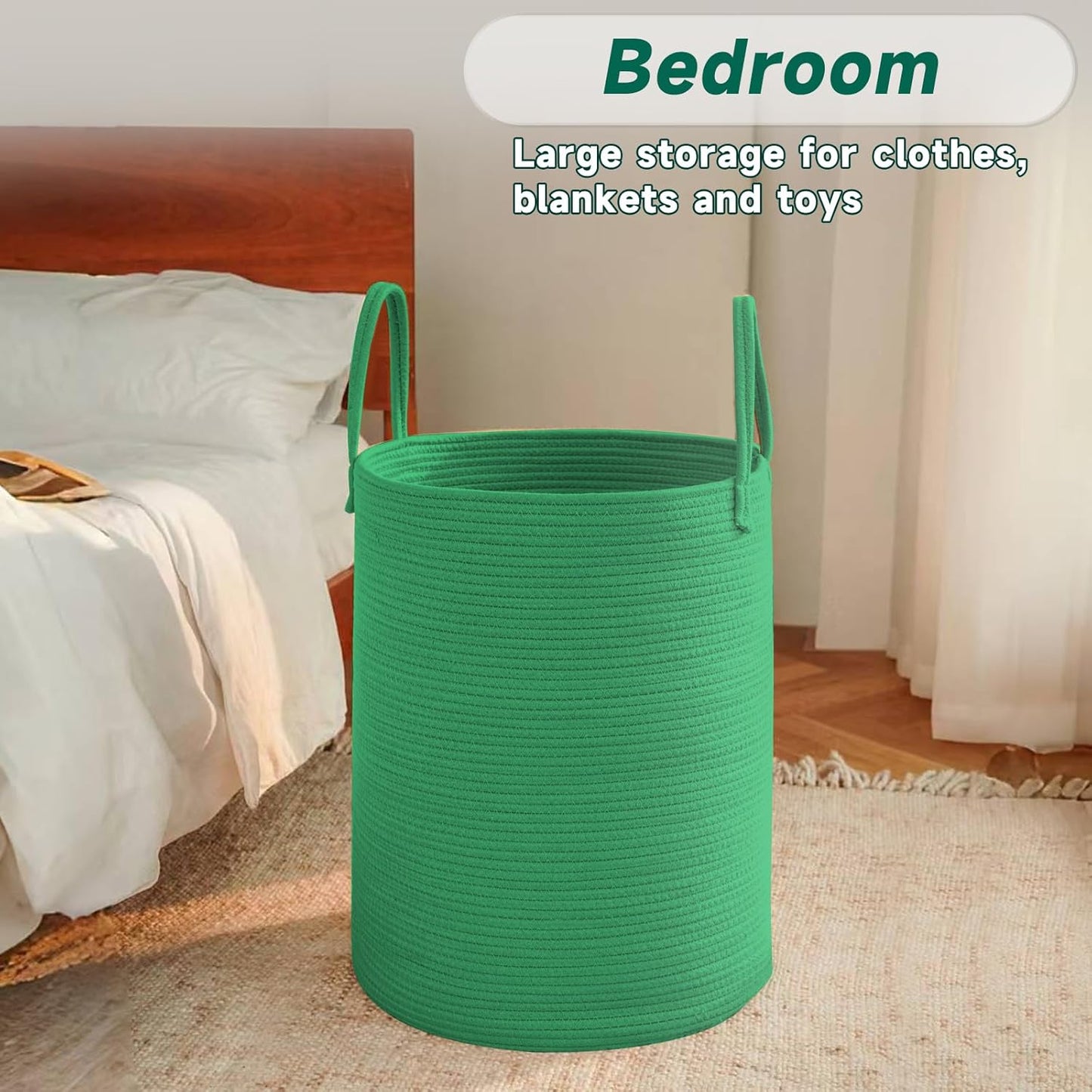 Large Woven Laundry Basket Hamper,80L Cotton Rope Storage Bin for Blankets,Toys and Clothes,Decorative Tall Nursery Hamper for Living Room,Baby Nursery,Bathroom and Bedroom,Dark Green