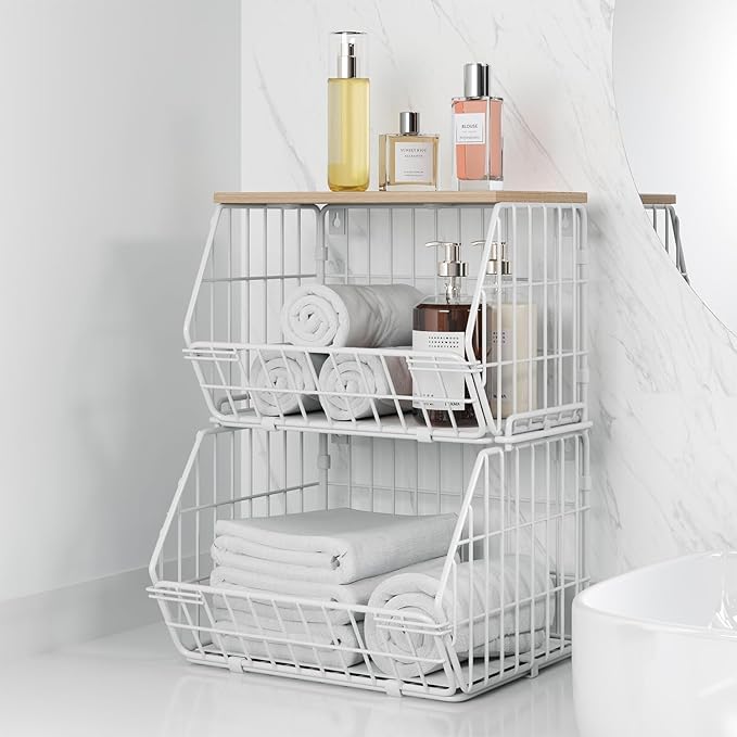 Wetheny 2 Tier Stackable Wall Mounted Wire Basket Fruit Basket with Wood Lid - Kitchen Pantry Organization and Storage, Hanging Storage Basket for fruits, Onion, Potato, Produce, Vegetable (White)